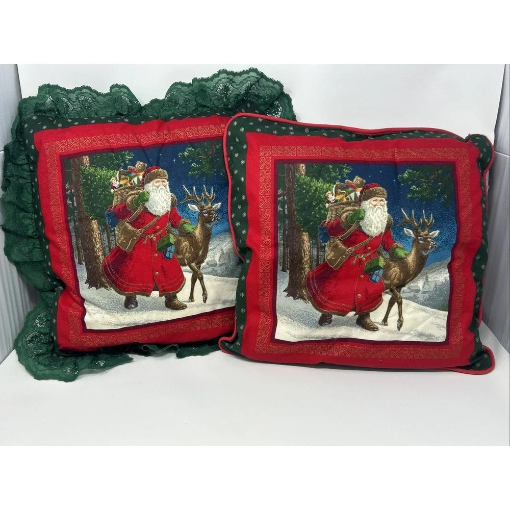 2 Vintage Old World Santa Christmas Throw Accent Pillows Two Sided Lace Ruffled